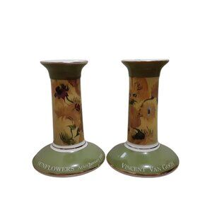 Pair of Van Gogh "Sunflowers" Art-Inspired Candle Holders - Ceramic Decor NWOT